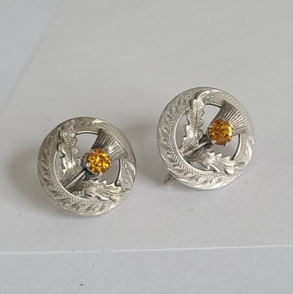Vintage WB Scotland Sterling Silver Boho Yellow Citrine Circle Stud Earrings - Picture 4 of 13